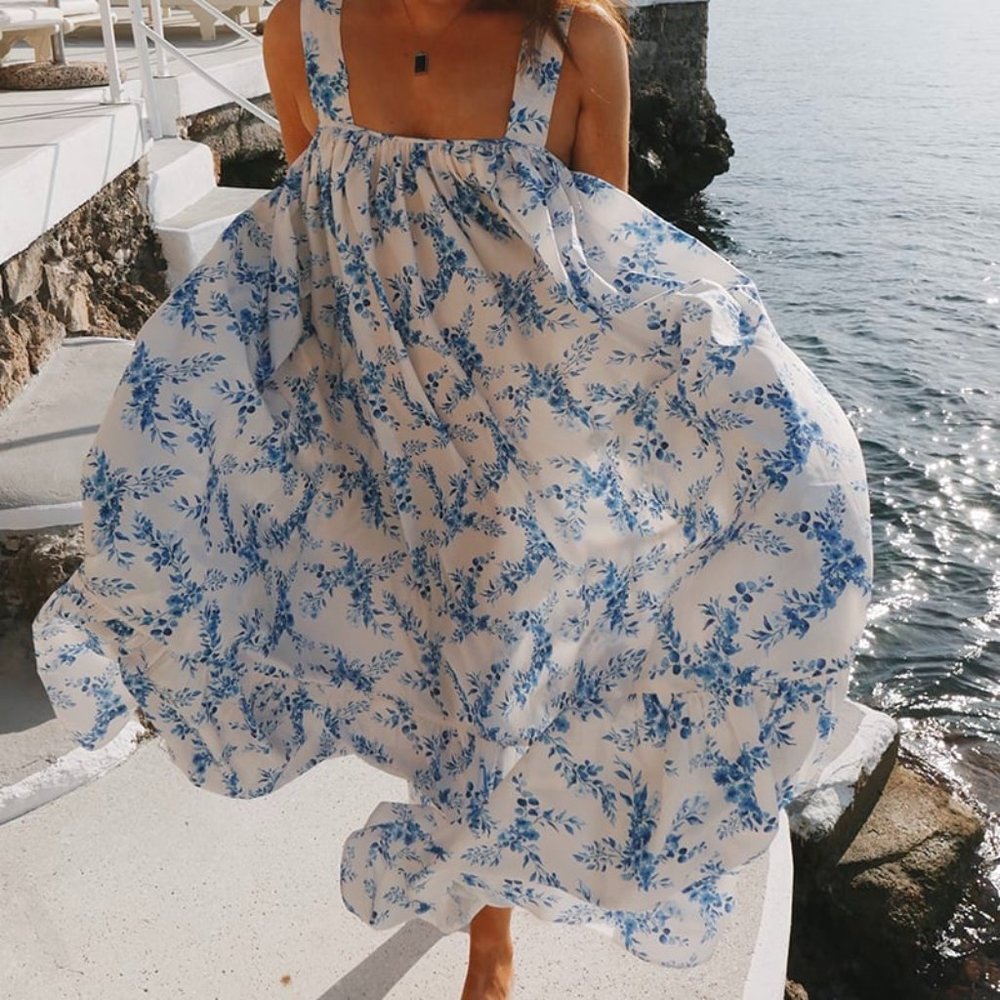 LORNA LUXE BLUE 'CATERINA' WILLOW PRINT TRAPEZE MA